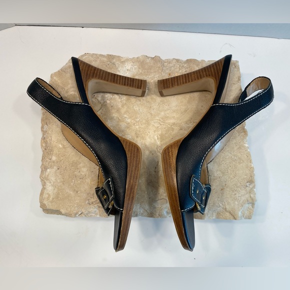 Franco Sarto Slingback Peep Toe Black Pebble grain Leather Platform Heels Sz 9.5 - Picture 5 of 10